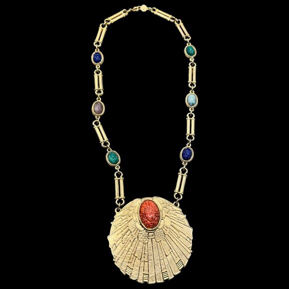 Vintage Signed ACCESSOCRAFT N.Y.C Egyptian Revival SCARAB Necklace - Picture 1 of 12